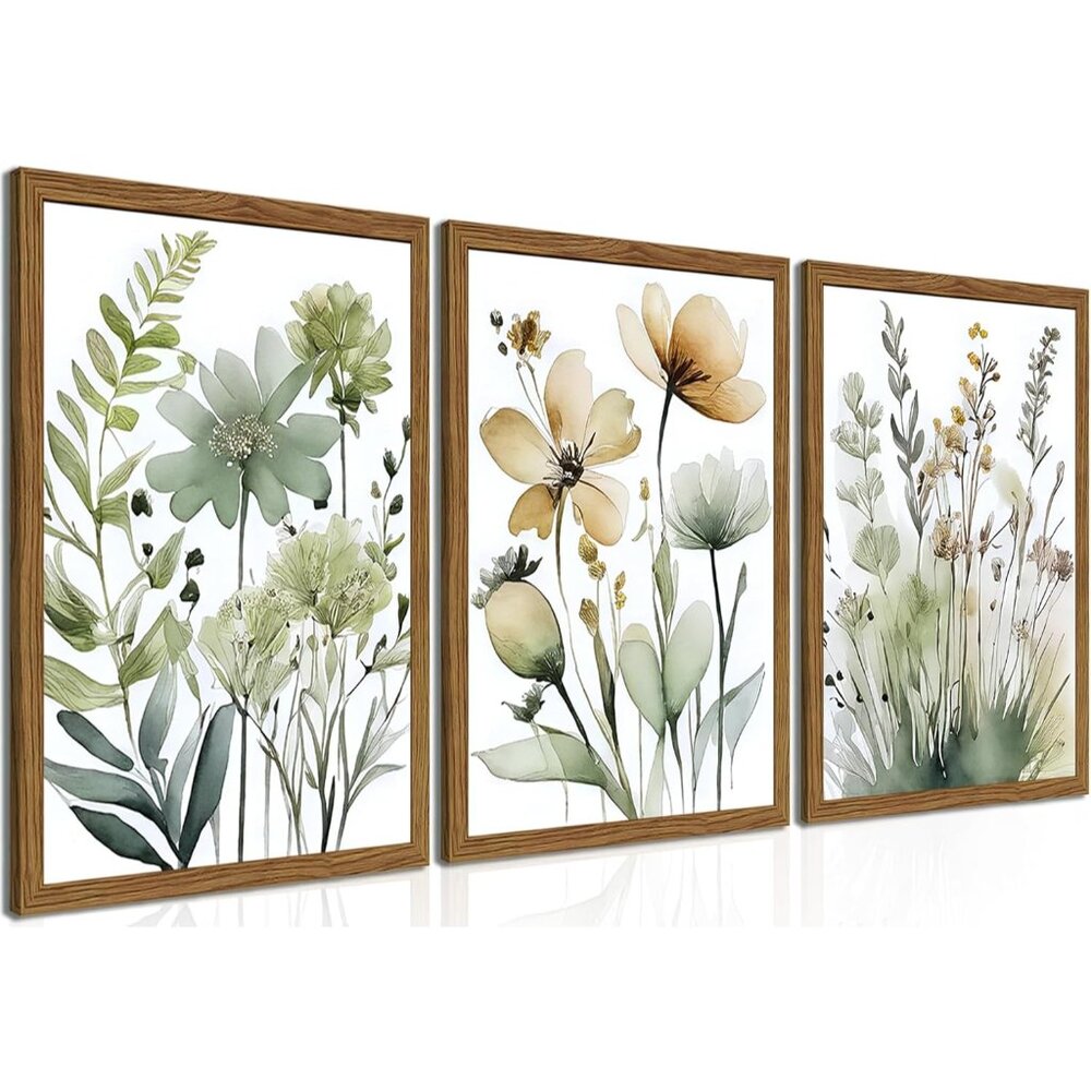 Wood Framed Sage Green Botanical Wall Art Set of 3, Boho Floral Canvas Wall Deco